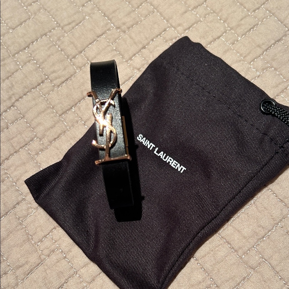 Saint Laurent Black Leather Rose Gold YSL Bracelet